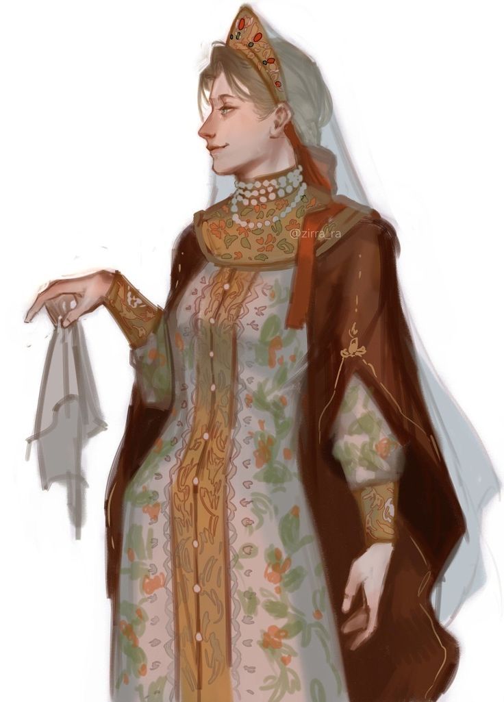 he image is a digital painting or illustration of a woman, possibly a fantasy character or representation of a historical figure, dressed in elaborate russian traditional clothing. she wears a long, lightcolored dress with intricate gold embroidery and floral patterns. the dress is layered over a dark brown cloak. a prominent kokoshnik, a traditional russian headdress, adorns her head. she also wears a pearl necklace.  her expression is serene, and her pose is elegant. the overall style is soft and painterly, with a focus on detail and texture in the clothing.  the background is muted and indistinct, focusing attention on the figure.