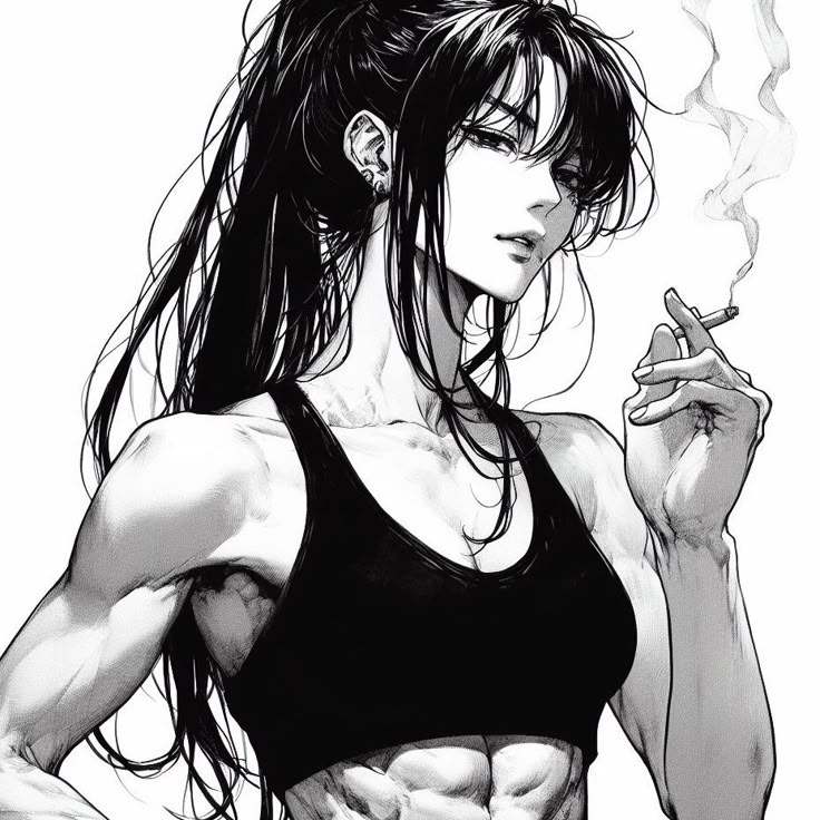 a black and white animestyle illustration of a muscular woman with long, black hair pulled back in a ponytail. she is wearing a black sports bra and has visible abs. she is holding a lit cigarette in her right hand and smoke is rising. she has an earring in her left ear.