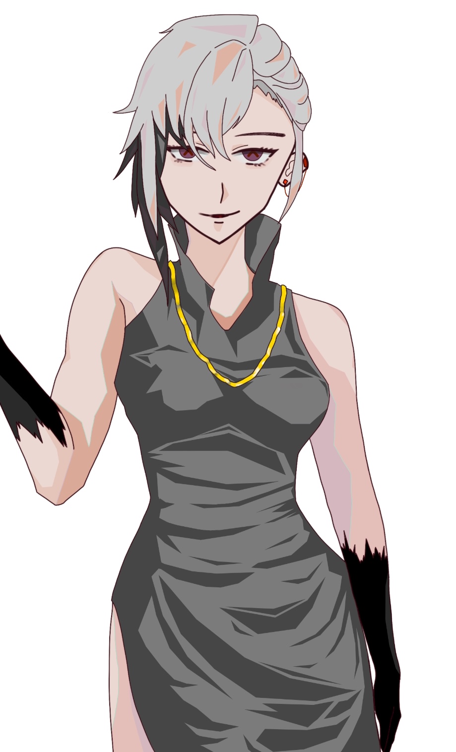 an anime style illustration of a young woman with white hair and red eyes, wearing a sleeveless black dress and black gloves. she is also wearing a gold chain and her expression is a slight smirk, suggesting confidence. the background is plain white.