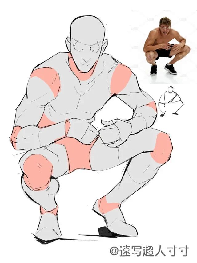 he image displays a stepbystep guide on drawing a male figure in a crouching pose.  it starts with a simplified, almost skeletal drawing highlighting major muscle groups (shown in peach) then progresses to a more detailed representation. a photograph of a man in the same pose is included as a reference, along with a very basic sketch suggesting the overall form.  the style is a blend of line art and shading, focusing on anatomical accuracy. the drawing is primarily in grayscale with the peach highlights showing the areas of bulkier muscles. the watermark at the bottom suggests it is an artist's tutorial.