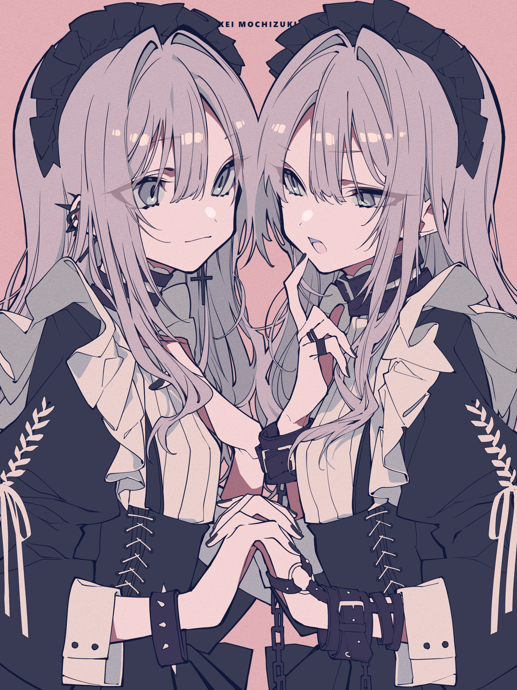 the image is an animestyle drawing of two young women who appear to be twins. they have light purple hair with fringes that partially cover their faces. both are wearing maid outfits with frills and chokers. their hands are clasped together and adorned with handcuffs connected by a chain. the background is a solid pink color. the artist's signature "kei mochizuki" is visible at the top of the image.