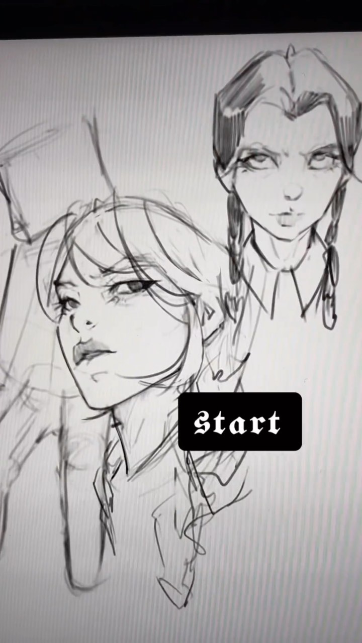 he image shows a sketch of two female faces. the top one is more complete, with detailed hair and clothing, while the bottom one is a work in progress, with only the face and basic outlines visible. the style is reminiscent of comic book or anime art. a box with the word "start" is placed in the middle of the image suggesting that this is the beginning phase of creating the artwork.
