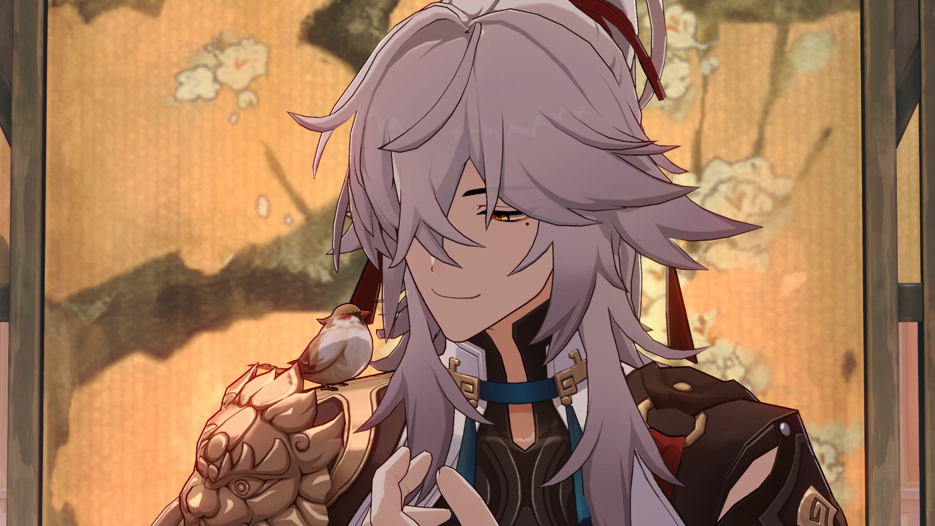 a close up shot of xiao from genshin impact smiling with a bird sitting on his shoulder. his long white hair is flowing behind him and he is wearing a red ribbon. he is looking at the bird with a kind expression on his face.