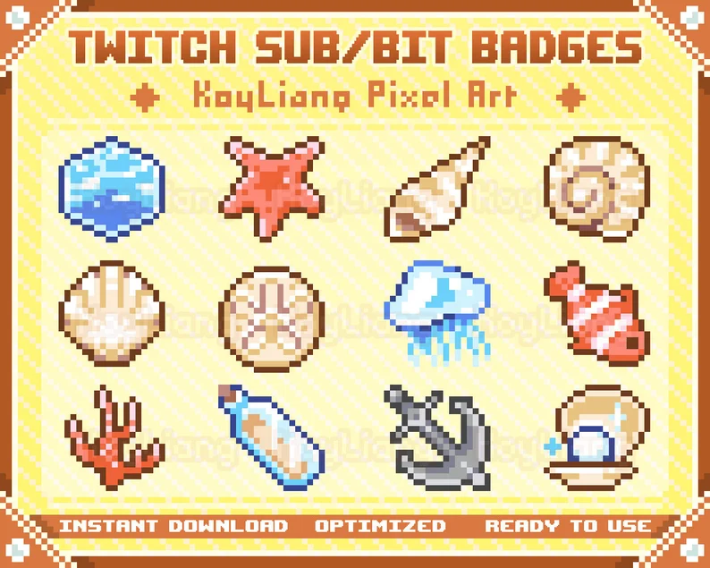 a set of pixel art icons with an ocean theme, designed for use as twitch sub badges.