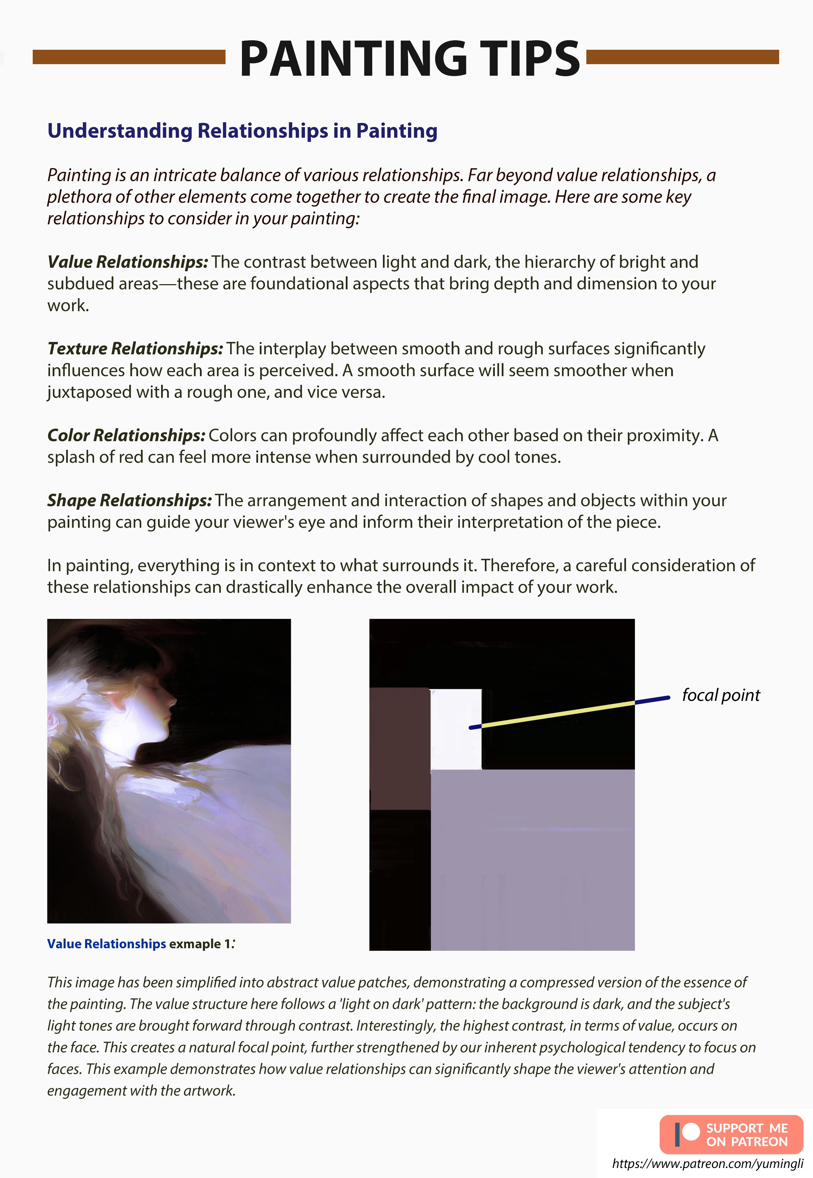 the image is about understanding relationships in painting. it shows an example of value relationships, demonstrating how contrasting light and dark areas can create a focal point. the image also explains how other relationships like texture, color, and shape can affect the overall impact of a painting.  it highlights the importance of considering these relationships when creating art.