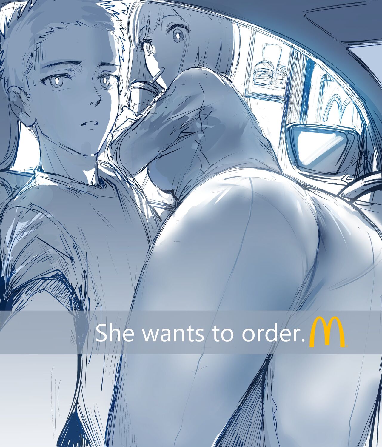the image is a sketch or drawing in a light blue monochrome style, depicting an animestyle couple in a car at a mcdonald's drivethru. a young woman with short hair is seated close to a young man, her body positioned suggestively against him. she appears to be holding a drink from mcdonald's,  indicated by the mcdonald's logo at the bottom of the image along with the caption "she wants to order. m". the style of the artwork is loose and expressive, focusing on capturing the mood and interaction rather than precise detail. the overall impression is intimate and suggestive, creating a playful atmosphere of a date or romantic encounter.