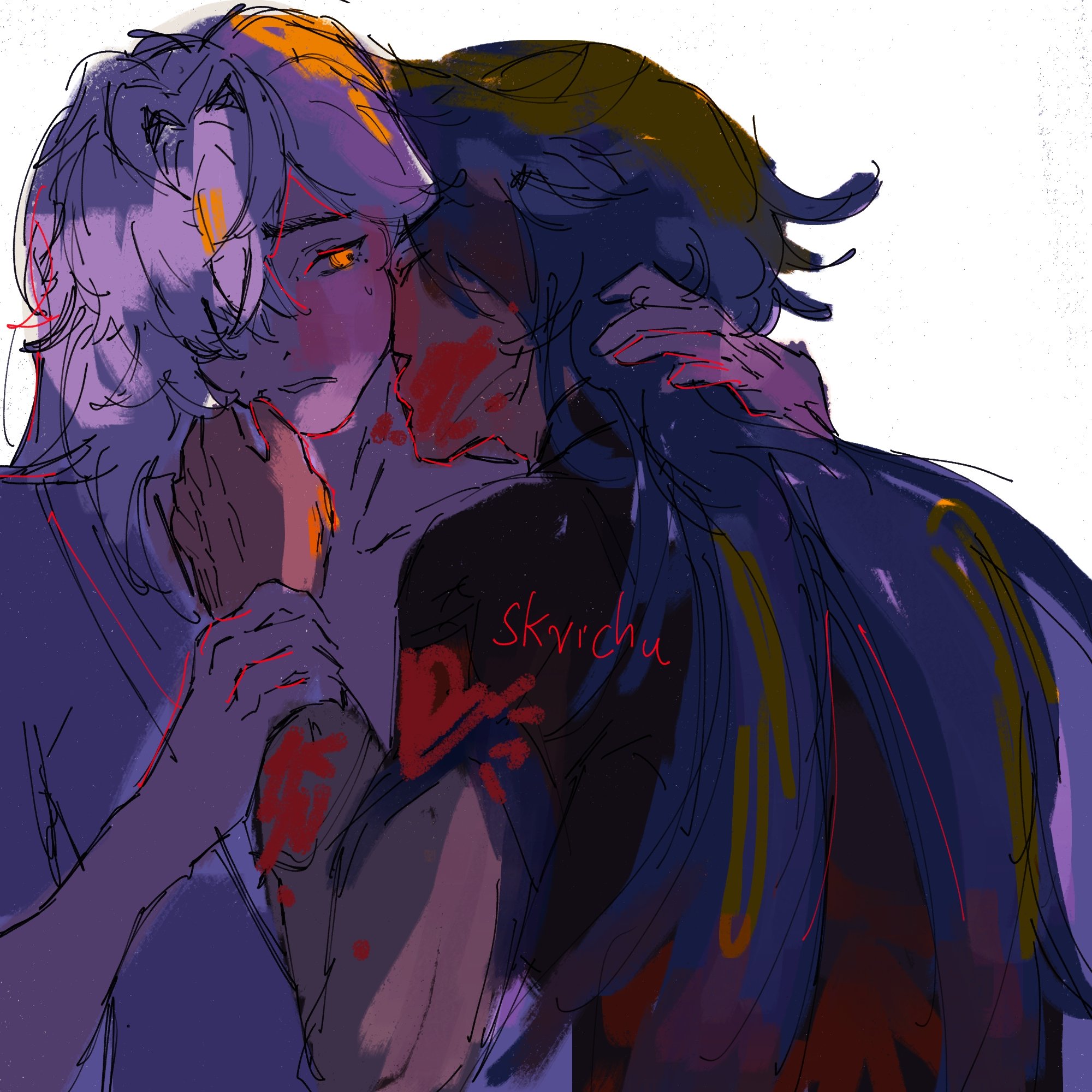 the illustration depicts two anime characters, one with long, flowing silver hair and golden eyes, the other with dark blue hair, intertwined in a passionate embrace. they are both depicted with soft and delicate features, emphasizing a sense of tenderness and vulnerability. the red and purple color scheme adds a sense of intimacy and emotional depth to the piece, suggesting a deep connection between the two individuals. their expressions are soft and dreamy, reflecting the intensity of their emotions. the overall style of the illustration is both abstract and expressive, capturing the essence of a romantic moment. the background is a soft white, providing a stark contrast to the vibrant colors of the characters, further highlighting their connection. the use of soft, flowing lines creates a sense of movement and emotion, making the image both visually appealing and emotionally evocative.
