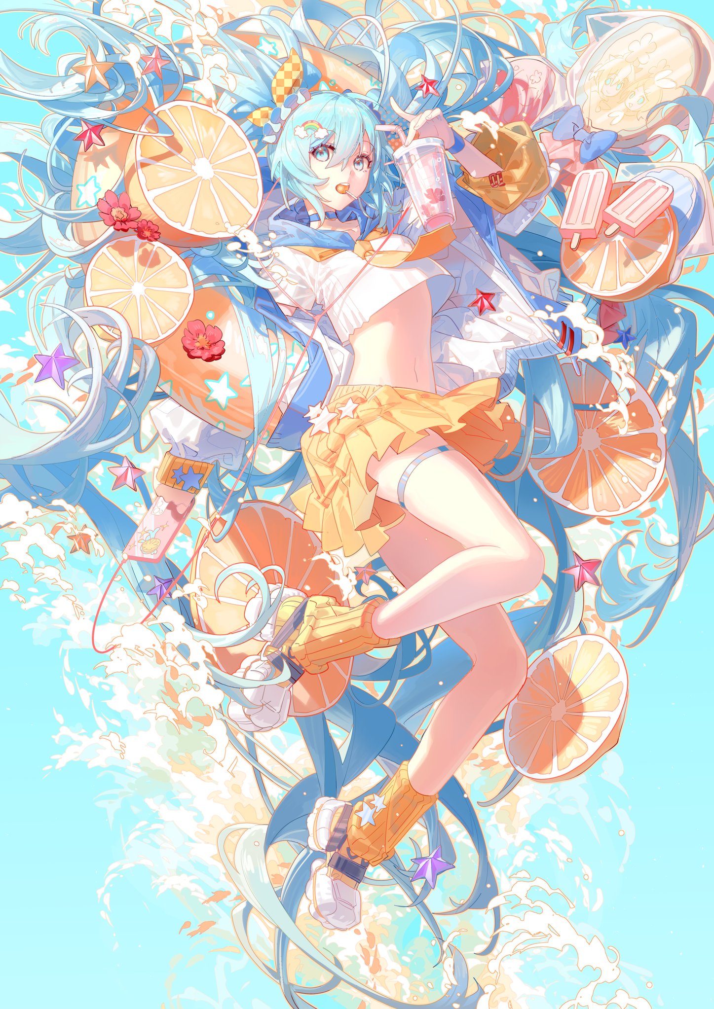 the image is a vibrant digital illustration of an anime girl, strongly resembling hatsune miku,  in a dynamic pose. she's surrounded by numerous orange slices, waves, and pastelcolored elements suggesting a summer theme. she's wearing a summery outfit – a short yellow skirt, a white top, and orange and white socks – and holding a bubble tealike beverage.  her long, bright blue hair flows around her, almost like a wave itself. popsicles and starshaped embellishments add to the whimsical, playful atmosphere. the overall style is cheerful and cute, with a focus on bright, pastel colors and a highly detailed, mangainspired aesthetic. the girl appears to be playfully interacting with her surroundings, creating a lighthearted and fun mood.
