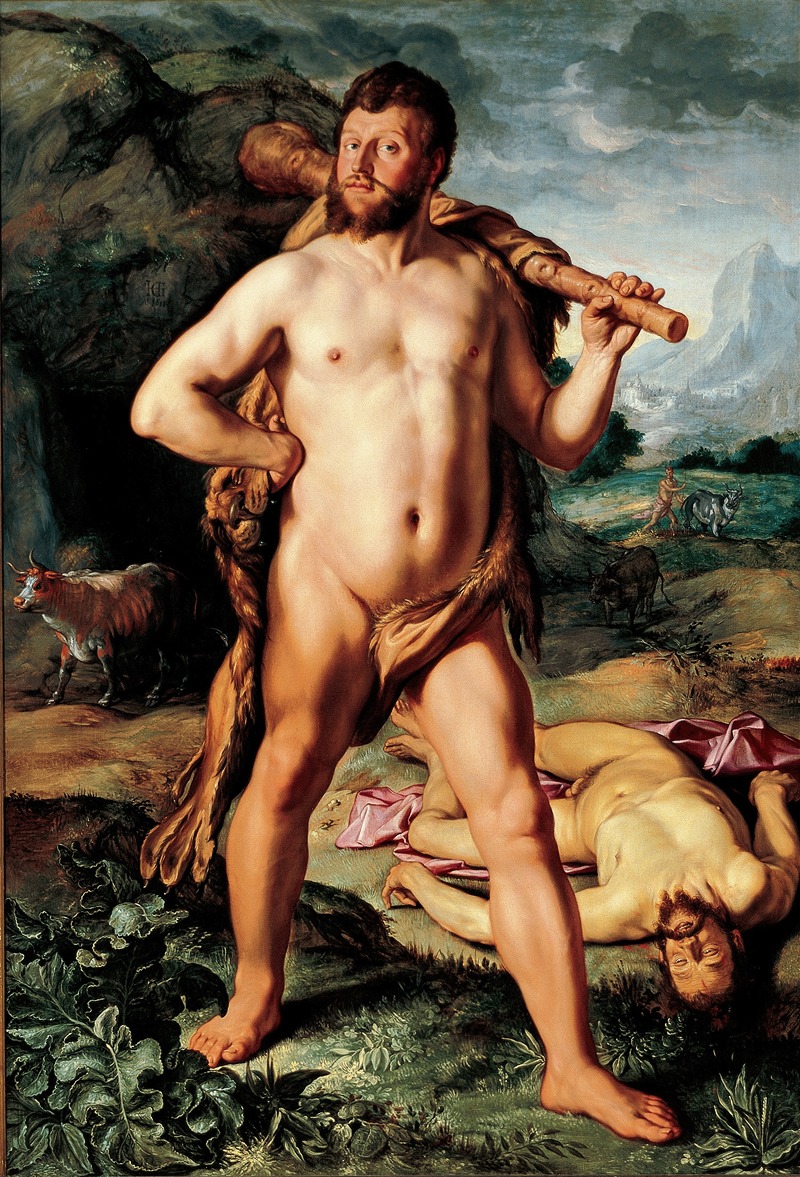 this is a classical painting depicting a nude, muscular man who appears to be hercules. he stands with a club resting on his shoulder and wearing a lion skin. there's an ox nearby and a dead body lying on the ground. the background shows a landscape with mountains.