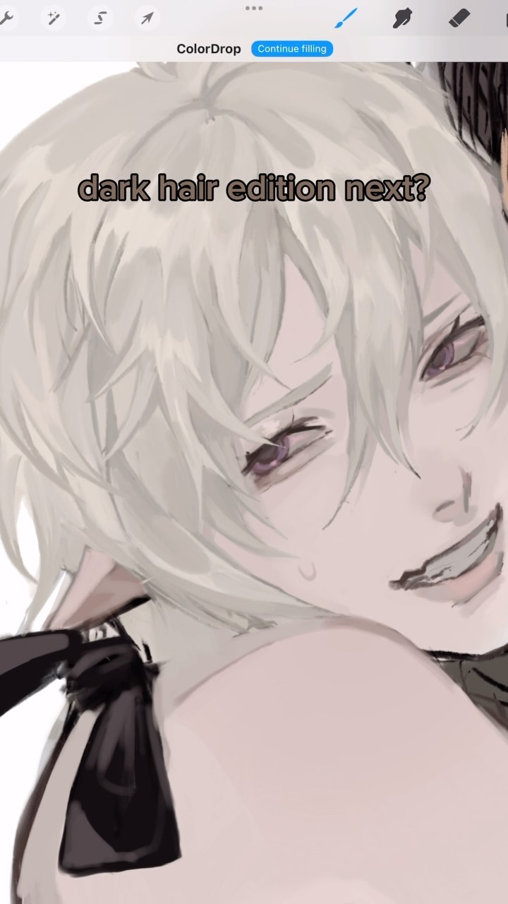 the image is a digital drawing or painting in an anime/manga style. it features a closeup portrait of a character with long, white hair, light skin, and purple eyes. the character has a playful, almost mischievous expression, with a slight smile. they appear to be wearing a darkcolored bow or accessory around their neck and possibly a dark top. part of another person's shoulder and hair is visible in the top right corner.  a text overlay across the image asks, "dark hair edition next?". the overall style is soft and somewhat suggestive, with a focus on the character's features and expression.  the artistic style is soft and suggestive, focusing on the character's features and expression. the art is clean and the color scheme is primarily light and muted tones.
