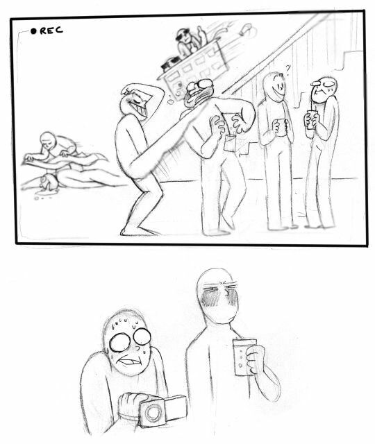 this image is of a comic book. it's an illustration of several cartoon male characters. in the top panel, the characters are in the middle of a conversation. one of them kicks another in the leg and they are laughing about it. two people are standing by and watching. in the bottom panel, one character is using a camera to record the other characters who are standing and talking and holding cups of beverages. they are all smiling and laughing. the characters look like they are having a good time.