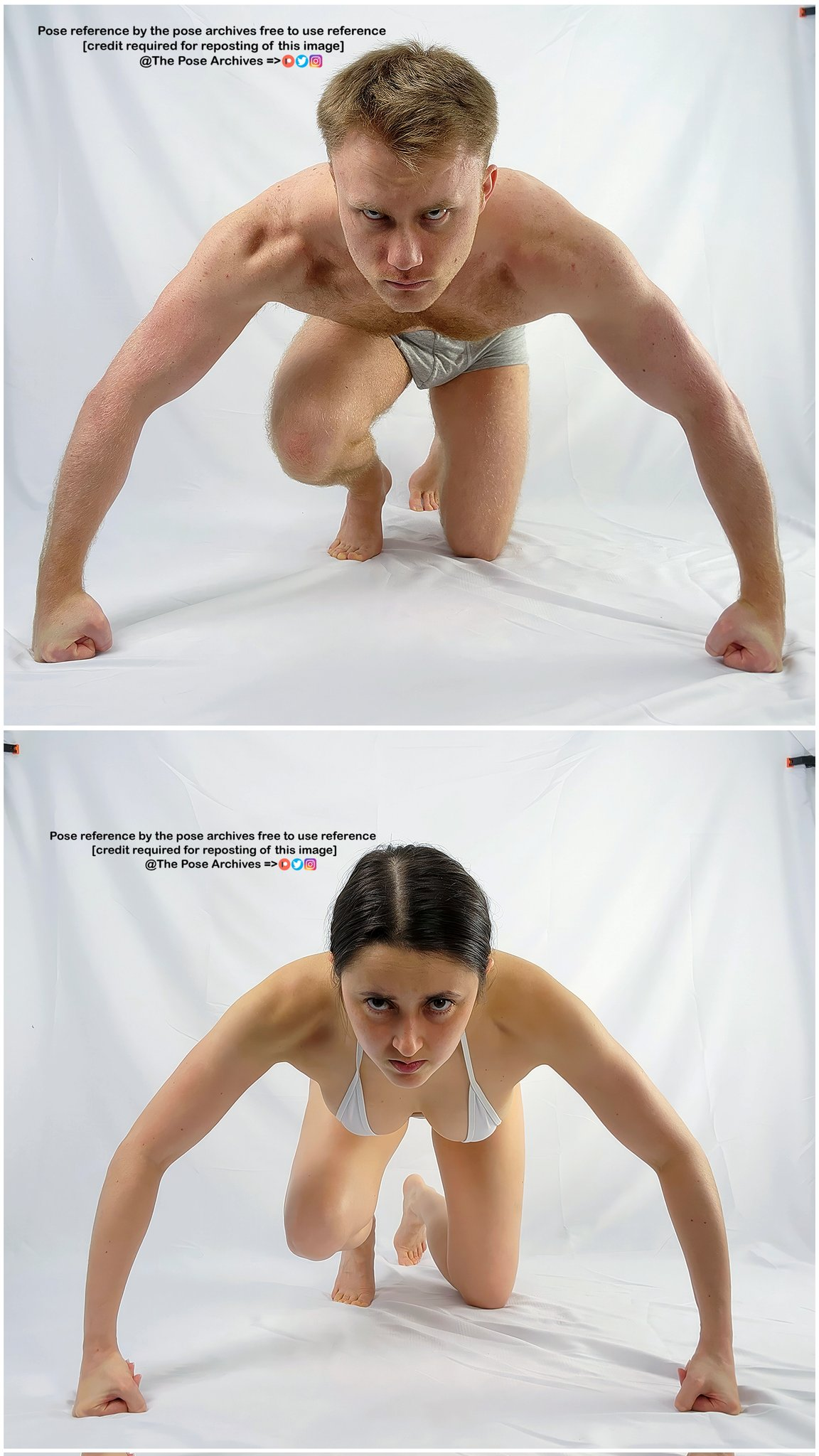 he image shows a man and a woman, both shirtless and wearing minimal clothing, positioned on all fours against a white background. they are both making eye contact with the viewer, their bodies tense and alert. this suggests they are demonstrating a pose, likely for artistic reference. the neutral background and soft lighting further highlight the figures and their poses, emphasizing the educational purpose of the image.