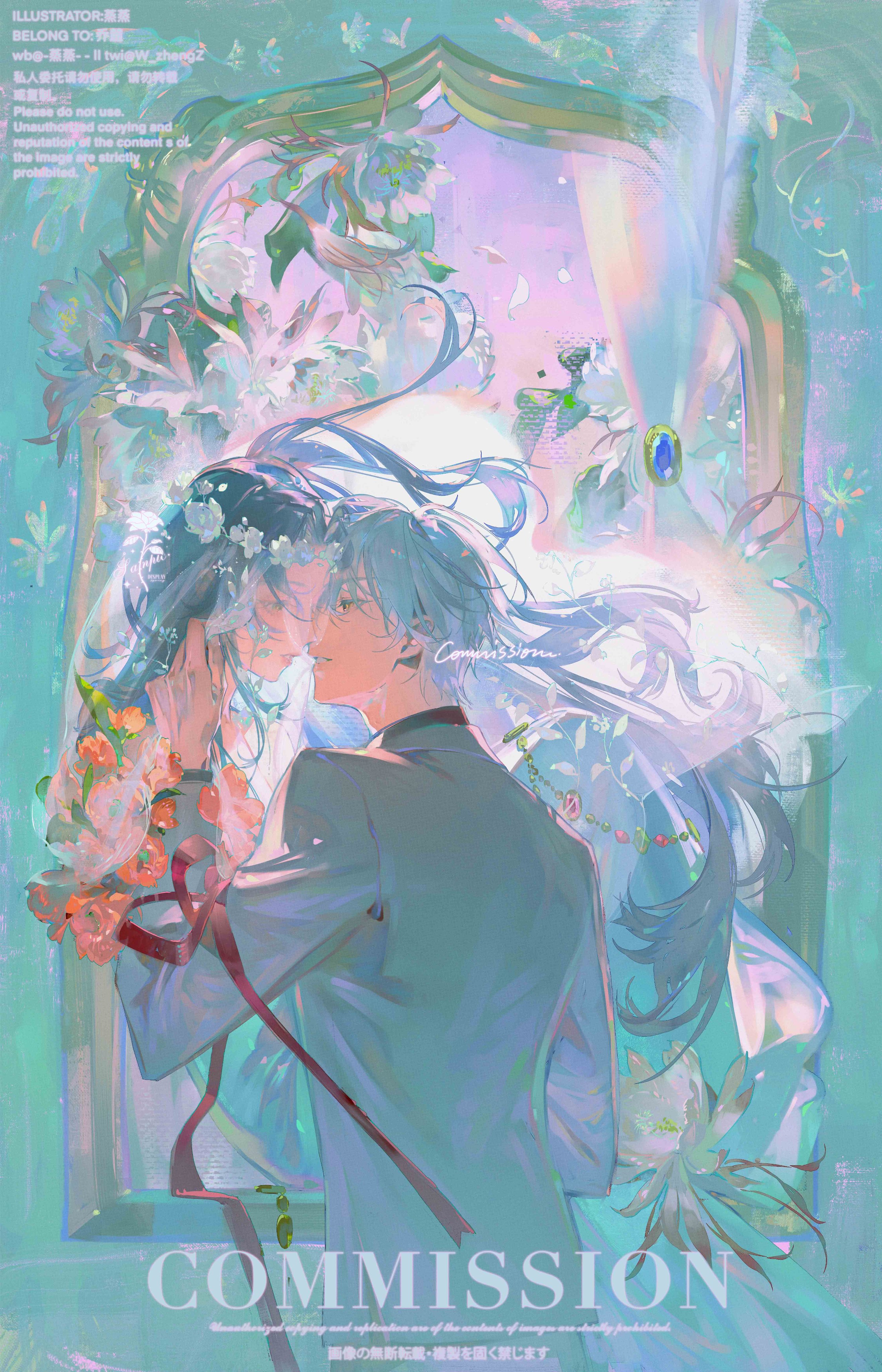 the illustration features two men in what appears to be a wedding ceremony, captured in a tender moment. one man, with long blue hair, is partially obscured by a veil, his face tilted upwards as the other man, dressed in a white suit with red accents, gently lifts the veil. they stand within an ornate frame adorned with flowers, evoking a romantic and ethereal atmosphere.  the background features a window, suggesting the scene takes place indoors and is bathed in a soft light.