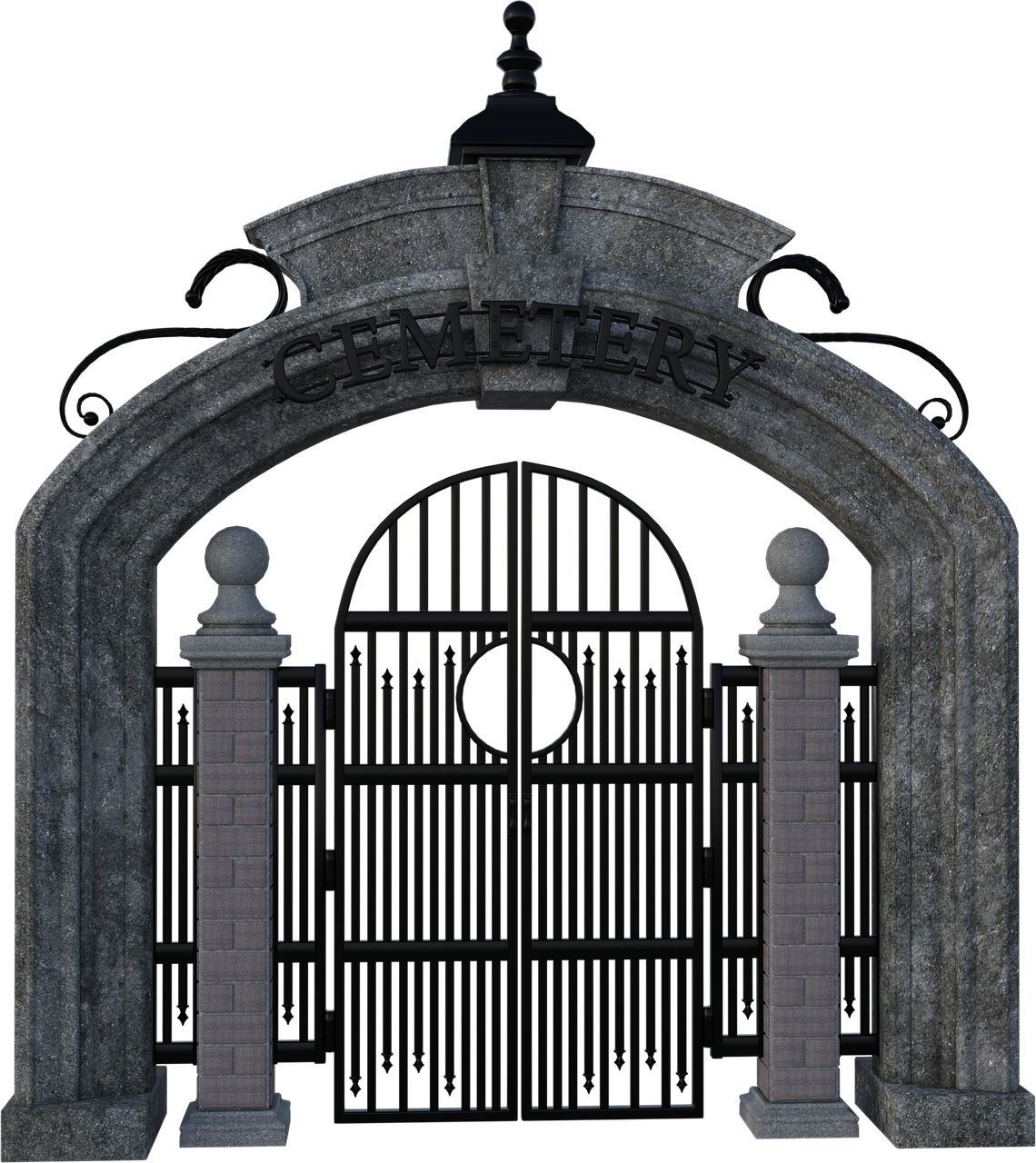 a cemetery gate with a stone archway and a wrought iron gate stands against a black background. the gate features the word "cemetery" inscribed on the arch. stone pillars with brick bases flank the gate.