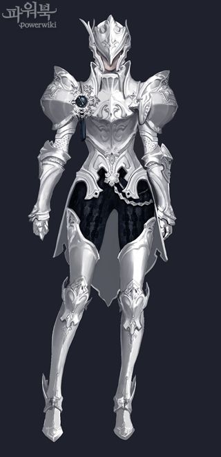the image showcases a detailed concept art piece or game asset depicting a female knight clad in elaborate, full white/silver plate armor.  the armor is highly ornate, with intricate carvings and detailing throughout.  the knight's helmet is closed, obscuring the face, but a feminine form is implied by the armor's shape and fit. the artwork is rendered in a style typical of highquality fantasy game character design, with strong attention to detail in the texture and shading of the armor. korean text ("파워위키"  meaning "powerwiki") is present in the upper left corner, suggesting it may be artwork for a korean online game or wiki.