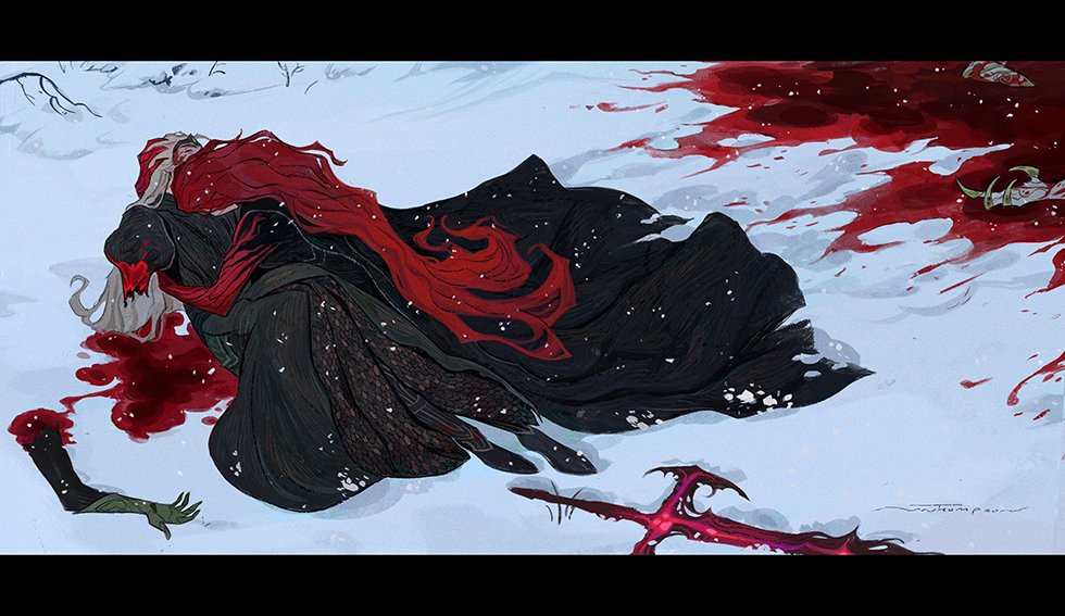 a fantastical illustration of a couple laying dead in the snow. there is blood around the couple, and a sword nearby. it appears they have been murdered. the woman has red hair and is wearing a black dress. the man is wearing white. the background is white and snowy, with a few red splashes of blood.