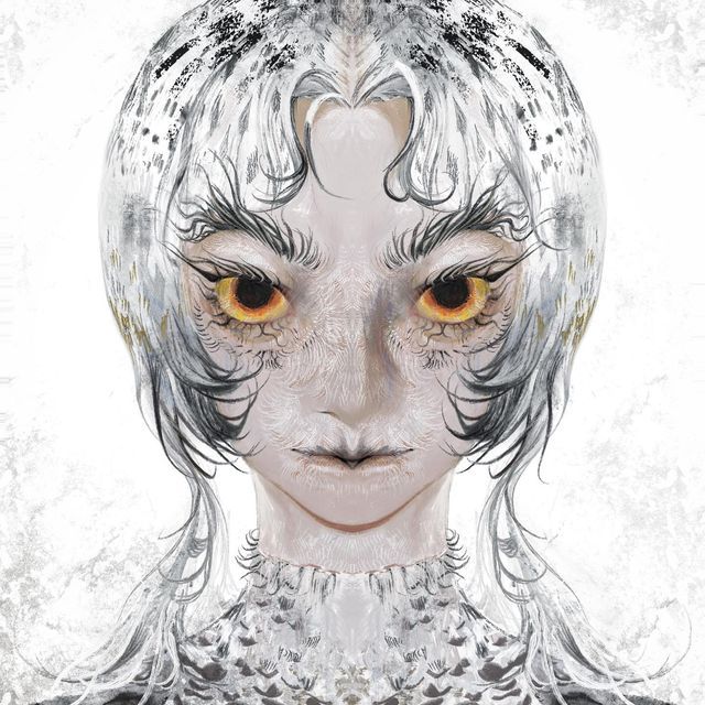 this digital illustration depicts a woman's portrait in a surreal, dreamlike style. she has a striking, intricate face with a blend of human and owllike features, such as large, piercing yellow eyes, delicate feathers adorning her face, and a fluffy white collar that resembles a bird's plumage.  her black and white hair is styled in elaborate, feathery curls. the textured background and the overall composition create a mystical and whimsical atmosphere.
