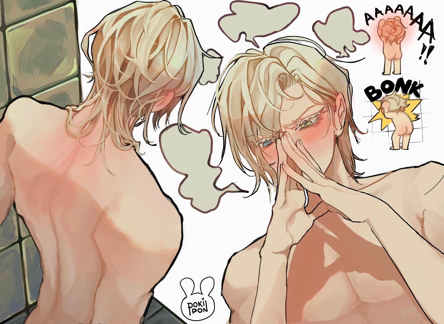 the image contains a digital drawing or fanart of an animestyle boy with long blond hair.  the artwork shows two perspectives of the character: one from the back, showcasing his bare back and shoulders, and another from the front, where he's shown slightly blushing and covering his face with his hands.  thought bubbles surround the character, some of which contain small, comedic illustrations of cartoonish figures getting bonked on the head. the artist's signature "doki pon" is present in the bottomleft corner. the overall style is soft and slightly comedic, mixing realistic proportions with exaggerated expressions. the color palette is primarily warm and pasteltoned.