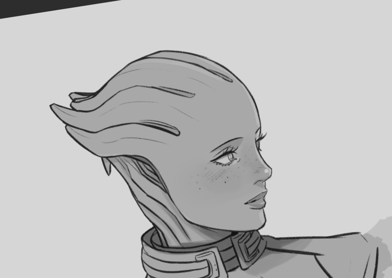 a grayscale drawing of an asari character from the mass effect video game series. the drawing focuses on her head and shoulders in a side view. details include her alien head structure, freckles, long eyelashes, and a collar.