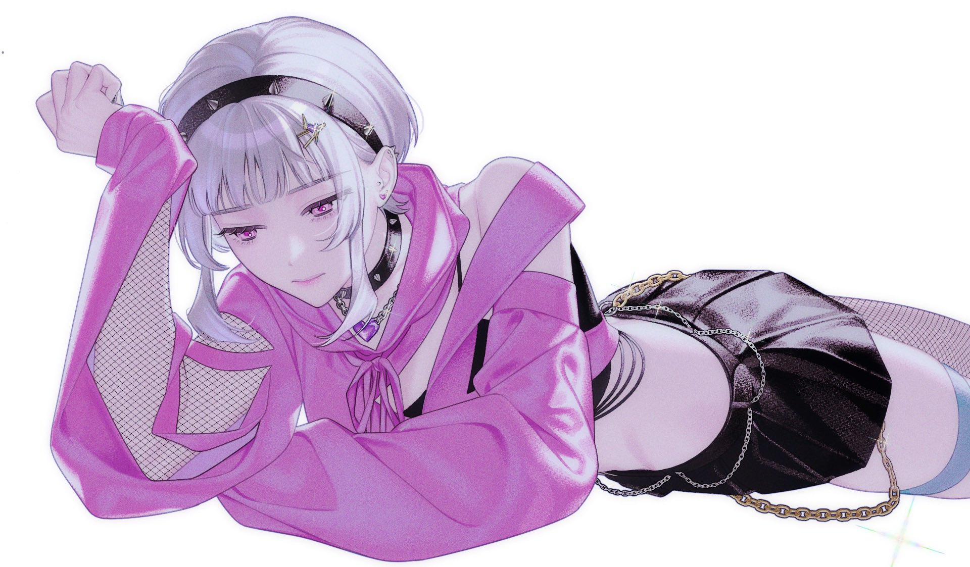 the image is a digital drawing of an animestyle girl lying on her stomach. she has short, white hair, purple eyes, and is wearing a pink hoodie with fishnet sleeves and a black pleated skirt.  she has several accessories including chains, a choker, and small details on her head. the overall style is soft, with pastel colors and a slightly dreamy quality.  the girl has a relaxed and somewhat wistful expression.