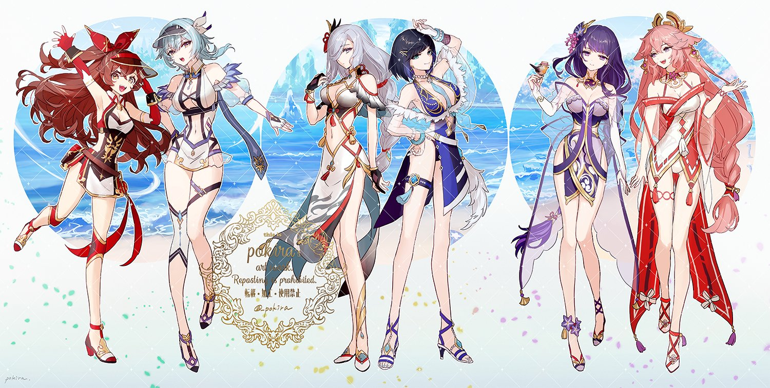 the image features six female characters from the game genshin impact wearing summer outfits. they are standing in a line, each in a different pose. the background is a beach scene with blue sky and white sand. the lighting is bright and sunny. the characters are drawn in a stylized anime style.