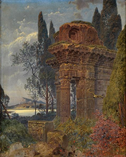 the painting depicts a landscape scene with roman ruins in the foreground. the ruins consist of columns, a dilapidated structure, and fragmented stones. trees and lush foliage surround the ruins, giving the impression of nature reclaiming the site. in the background, there is water, possibly a lake, a mountain, and a cloudy sky. a bird is flying by the ruins. the scene has a romantic and melancholic feel, suggesting a bygone era.