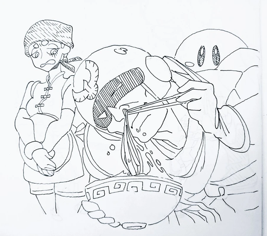 a black and white line art drawing of two anime characters. the first character is a girl with short hair, wearing a shortsleeved shirt, pants, and shoes. she is looking at the second character, a large, round, seemingly alien character with one eye visible.  the alien is holding a pair of chopsticks in its right hand, and is eating noodles from a bowl. it appears to be wearing a large, round helmet.  the background is white paper.