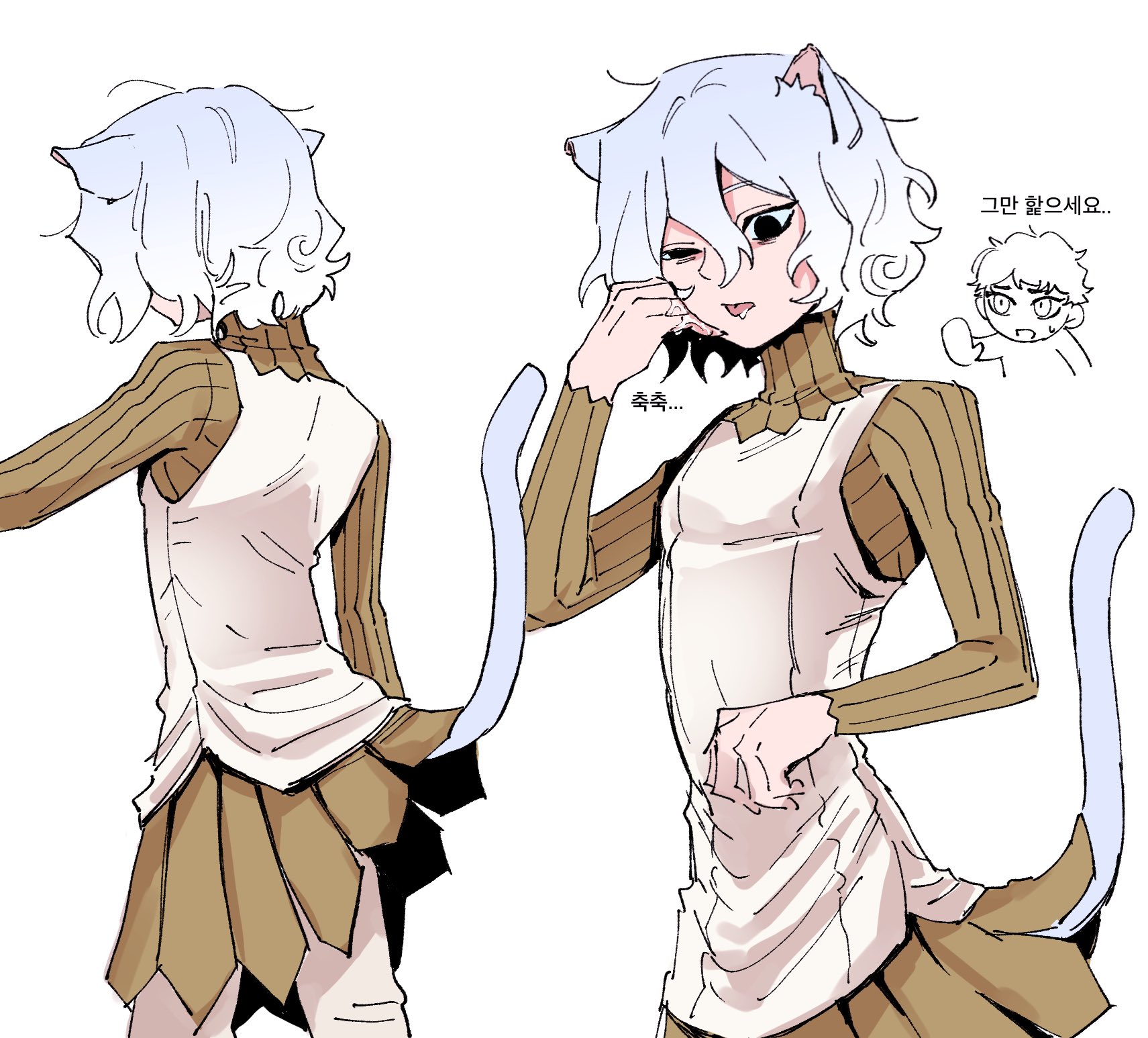 he image contains two illustrations of a cute animestyle girl with cat ears and a tail.  the girl has light blue, short, curly hair styled in a slightly messy way. she wears a brown turtleneck sweater and a white sleeveless dress with a pleated brown skirt. her expression is shy and slightly embarrassed.  the drawings show her from the back and the front.  a small chibi character is also visible in the upper right corner, along with some korean text. the overall style is light and whimsical.