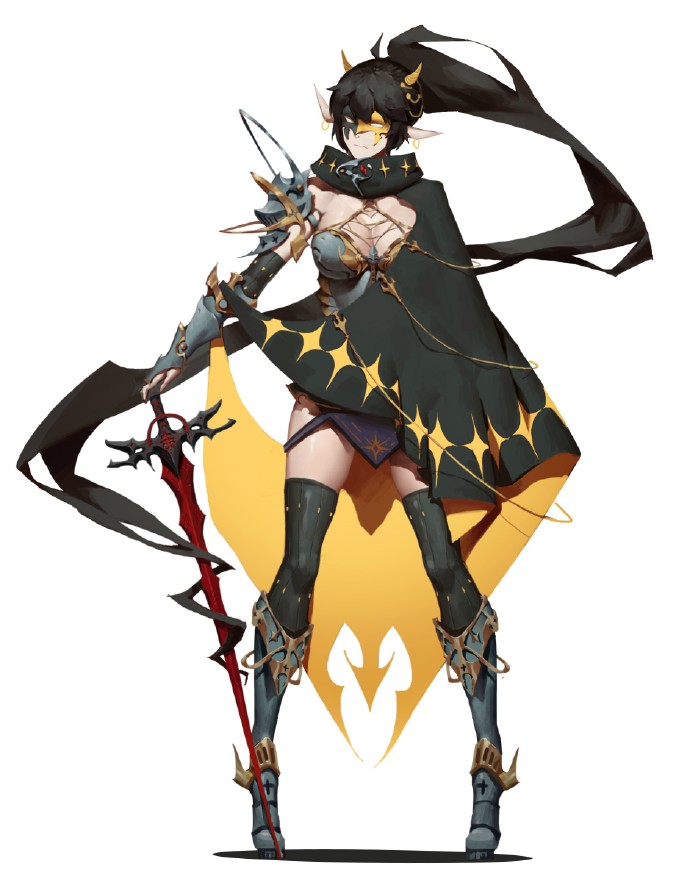 the image showcases a digital illustration of a female warrior. she is adorned in elaborate fantasy armor with gold accents. a black cape with yellow lining flows dramatically behind her, echoing the movement implied in her pose. the warrior grips a wickedly curved red sword, its tip pointing towards the ground. her expression is hidden by a single eye patch, adding an air of mystery. the background is a clean white, drawing full attention to the character.