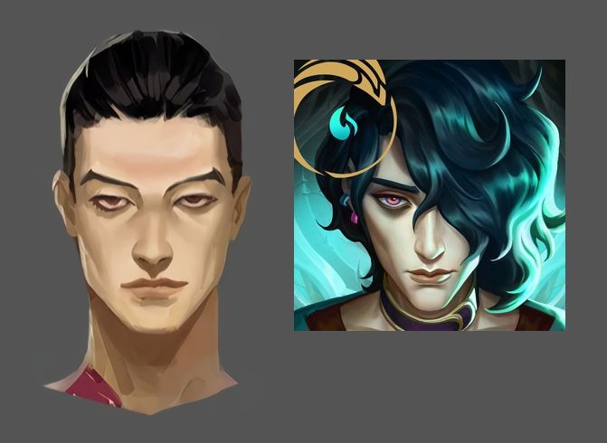 the image shows a comparison between two versions of a male character. on the left is a preliminary concept sketch or model sheet, showing a simple, realistically rendered face with a neutral expression and dark hair pulled back.  on the right, a more stylized and fully realized version of the same character is displayed. this version features teal and white highlighted hair, detailed clothing, and a more dramatic and expressive face with  pinkishred eyes, and a more mysterious look overall. the right image appears to be a character sprite or promotional art, possibly from a video game. a stylized golden symbol is partially visible in the background of the finished character art on the right. the comparison suggests an artistic evolution from a basic concept to a finished game asset.
