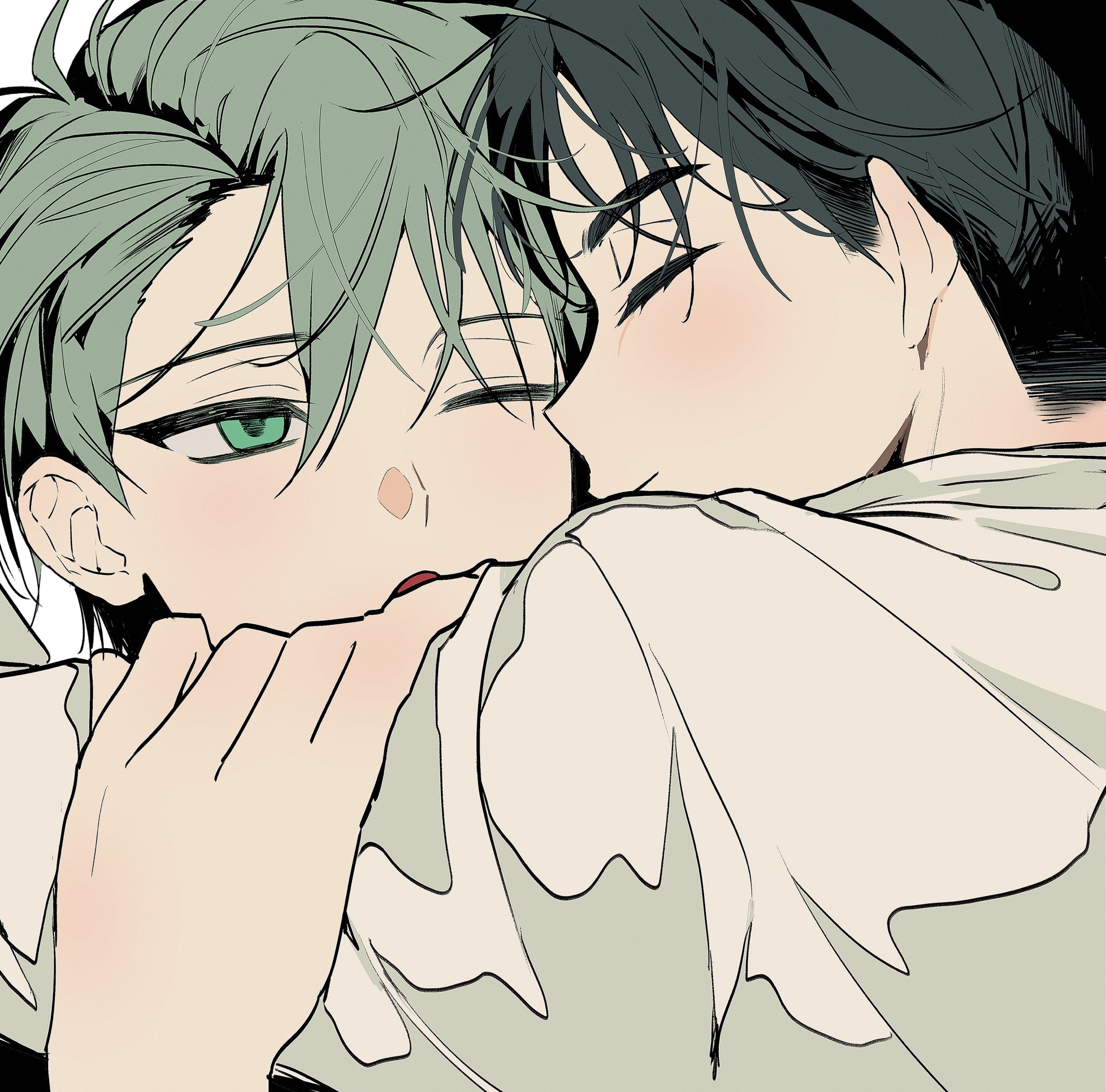the image depicts a romantic scene between two anime boys. the boy with green hair is being embraced by the boy with black hair. the boy with green hair is looking at the other boy with love in his eyes, while the boy with black hair is looking down at the other boy. the scene is full of tenderness and affection, suggesting a close and loving relationship between the two characters. the image is drawn in a manga style, with soft colors and expressive lines that emphasize the emotionality of the moment.