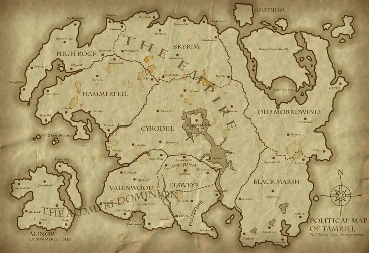 the image is a political map of the fictional continent of tamriel from the elder scrolls video game series. the map depicts the major provinces of tamriel, including skyrim, cyrodiil, morrowind, hammerfell, high rock, elsweyr, black marsh, valenwood, and solstheim. the provinces are organized into two major political entities: the empire and the andmeridominion. the map also shows the location of the island of alinor and the pelletine islands. the map is drawn in a vintage style, with a faded background and a worn texture. the borders of the provinces are outlined in black, and the names of the provinces are written in a bold, black font. the map is a useful tool for fans of the elder scrolls who want to learn more about the geography and politics of tamriel.