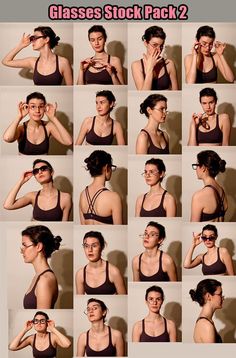 a collection of 20 photos featuring the same woman in different poses.  the model is wearing a variety of glasses and is shown from the shoulders up against a plain beige background. the lighting is soft and highlights her features. the images offer a range of expressions and gestures, making them suitable for artists and designers seeking visual references.