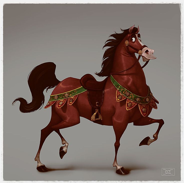 a stylized cartoon illustration of a brown horse with a dark brown mane and tail. the horse is wearing a saddle and bridle with ornate green and gold decorations. it is depicted in a dynamic pose, with one front leg raised. the style is reminiscent of animation design. the background is a plain grey.