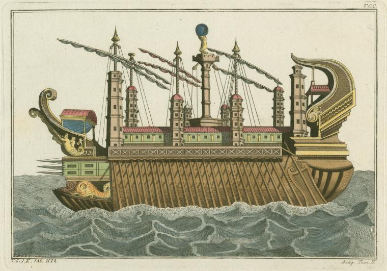 the image is an antique illustration of a galleonlike ship sailing on the sea. the ship features multiple masts with square sails, and is adorned with ornate towers and architectural details along the deck. the bow and stern are decorated with elaborate carvings. the ship is sailing on a wavy sea, and the overall style of the illustration is reminiscent of an old nautical chart or engraving.