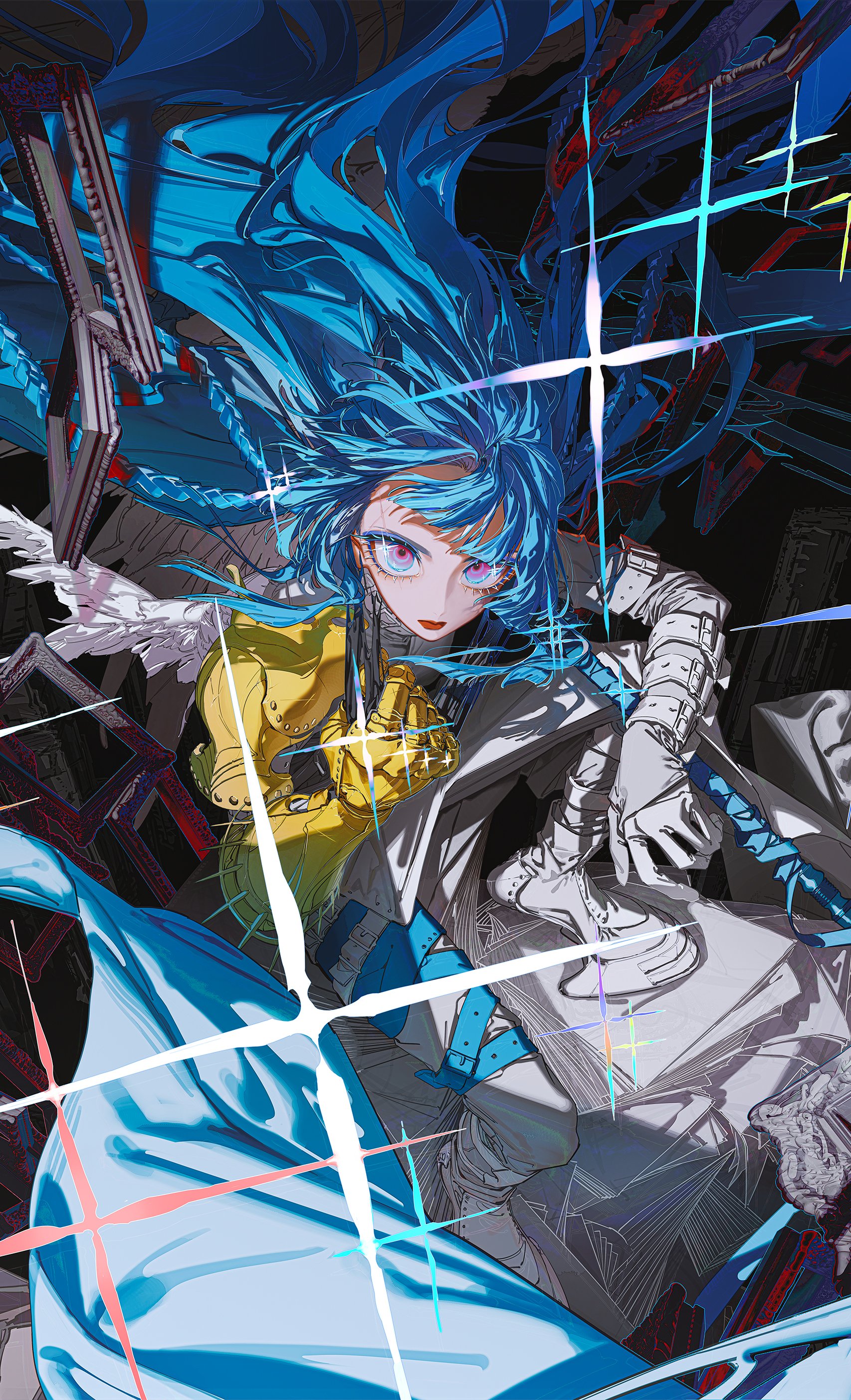a digital illustration of a young woman with long, flowing blue hair. she is wearing a white and yellow outfit and appears to be holding a sword. the background is abstract and colorful, with lines and patterns that give the image a cyberpunk feel. there are glowing lights and sparkles that create a futuristic and vibrant atmosphere. the image is dynamic and engaging, with a sense of movement and energy.