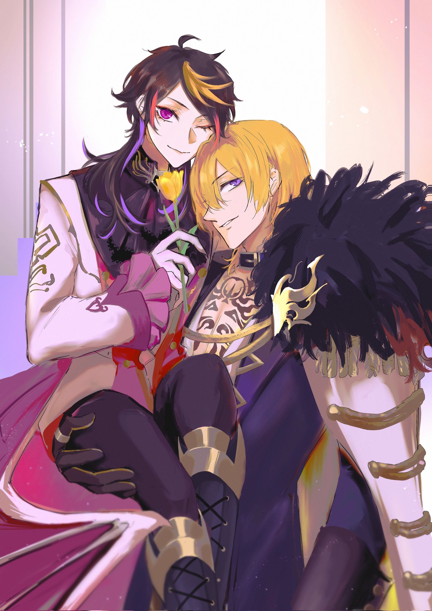 two handsome anime boys, one with black hair and the other with blonde hair, are embracing each other lovingly. the blackhaired boy is holding a yellow flower and is looking at the blondehaired boy with a tender expression. the blondehaired boy is looking back at the blackhaired boy with an adoring gaze. they are dressed in elaborate outfits adorned with gold trim and jewelry, and the scene is set against a dreamy, romantic backdrop.