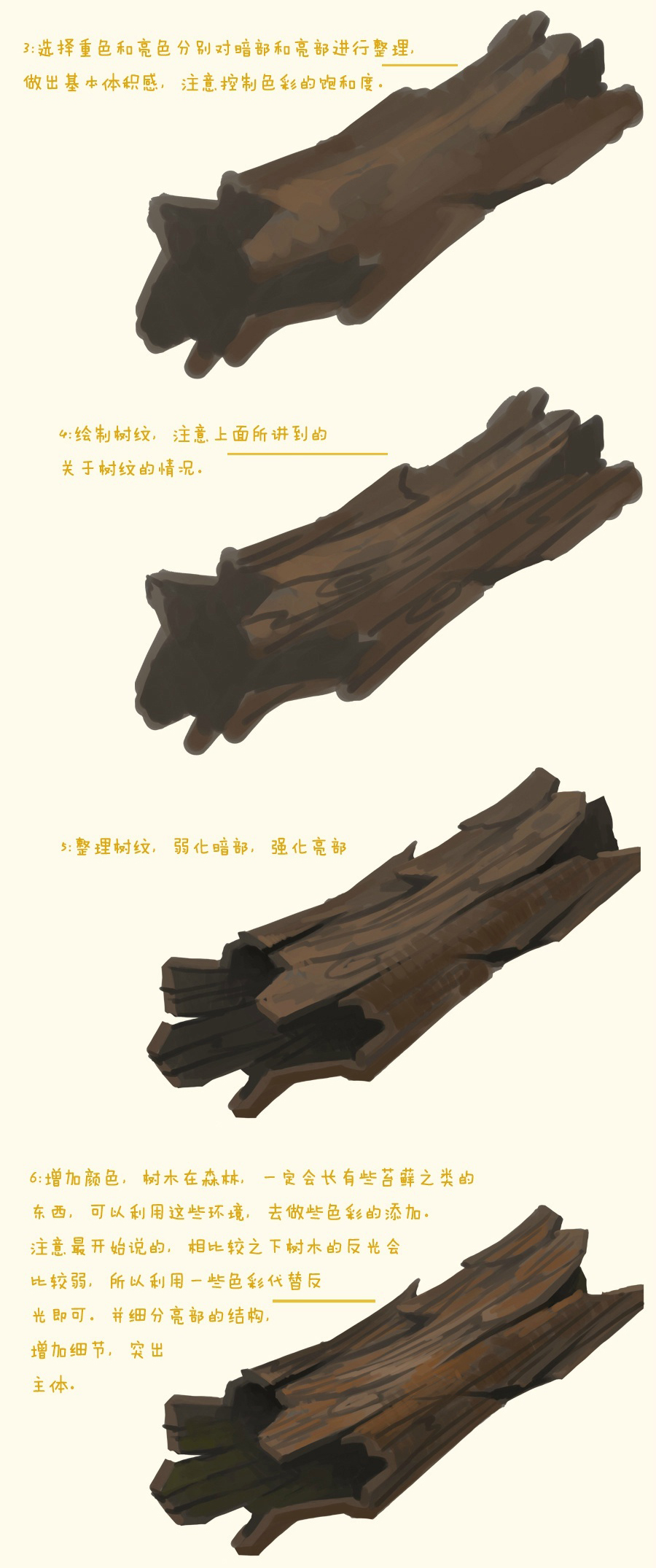 the image shows four steps of a digital art tutorial on how to draw a tree trunk. each step includes an image of the tree trunk and accompanying text in chinese explaining the process.