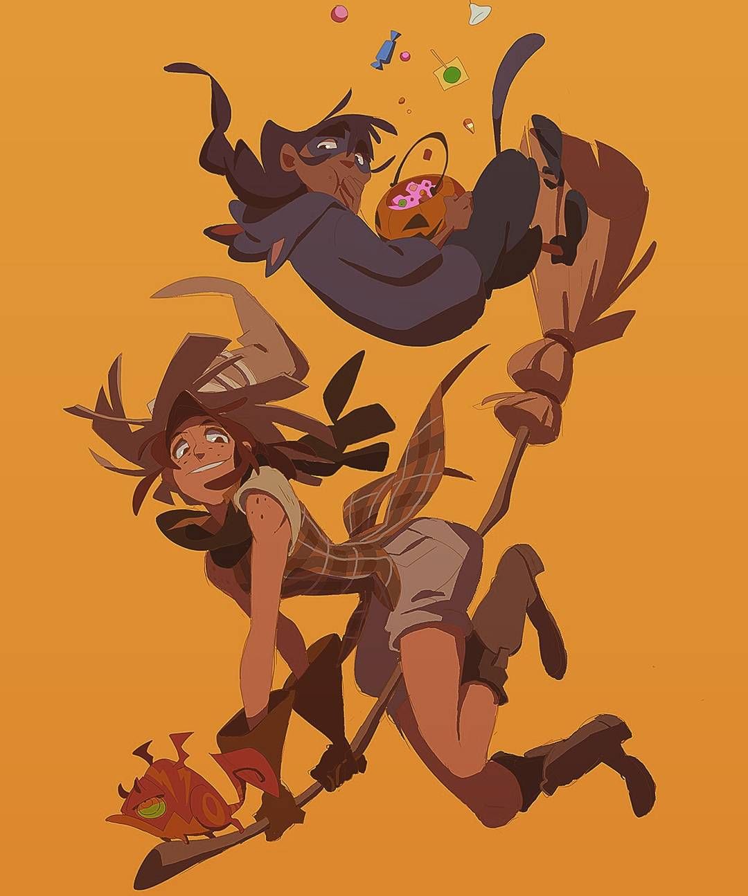 a digital illustration of two people dressed in halloween costumes, flying through the air on brooms. the person in the front is a witch with a plaid shirt, black boots, and a widebrimmed hat. she is holding a red, orange, and yellow buglike creature in her left hand. the person behind her is wearing a dark blue costume with a cat mask, black pants, and a black boot. they are holding a pumpkin basket filled with candy, and their black cat is flying behind them.  the background is a solid orange color.