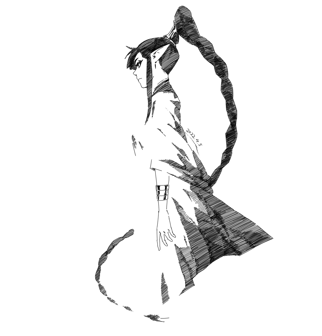 he image is a black and white sketch of an anime or mangastyle female character. she has long, braided hair tied up in a high ponytail, and pointed elflike ears. she's dressed in a flowing robe or kimonolike garment. the drawing style is detailed, using many thin, expressive lines to create texture and shading. the character is depicted in profile view, giving an air of mystery. the overall style is elegant and graceful. the background is plain white, allowing the character to stand out prominently.  the drawing style suggests a focus on capturing movement and the flow of fabric. a small date "2022.4.5" is visible on the robe.
