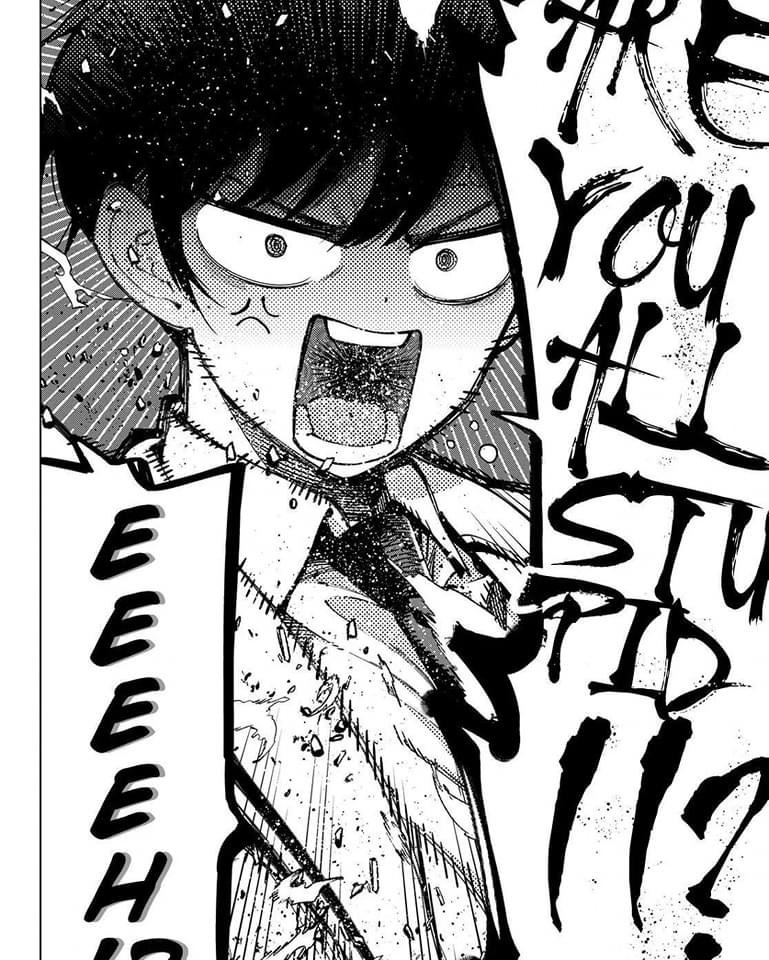 a closeup shot of an anime boy with black hair, open mouth, gritted teeth, and an intense expression. he's yelling "are you all stupid?!" with a speech bubble. the background is filled with detailed lines and a sense of motion. the image is drawn in black and white. the boy's face is in the foreground, and his upper body is in the background. the perspective is dynamic and close up, giving the viewer a feeling of being in the moment with the boy. the image is full of action and intensity, highlighting the boy's anger and frustration.