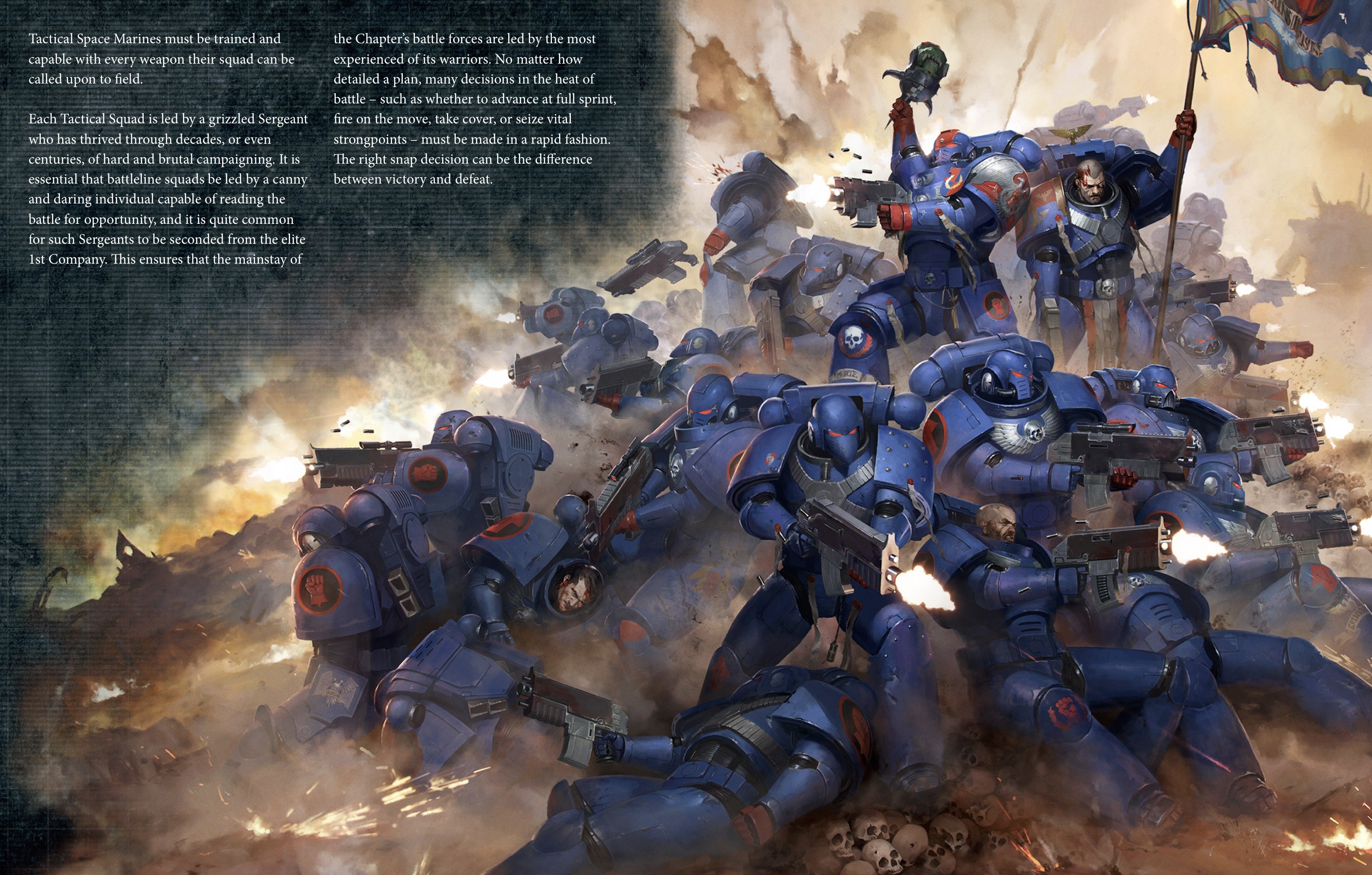 a detailed illustration of a space marine squad from the ultramarines chapter, a part of the warhammer 40k universe, in battle. the scene depicts them in a fierce firefight against a presumably unknown enemy. these elite soldiers are clad in blue power armor, wielding futuristic weapons and displaying their iconic chapter markings. the image captures the intensity of the battle, showcasing the tactical prowess and brutal reality of warfare in the grim darkness of the 41st millennium.