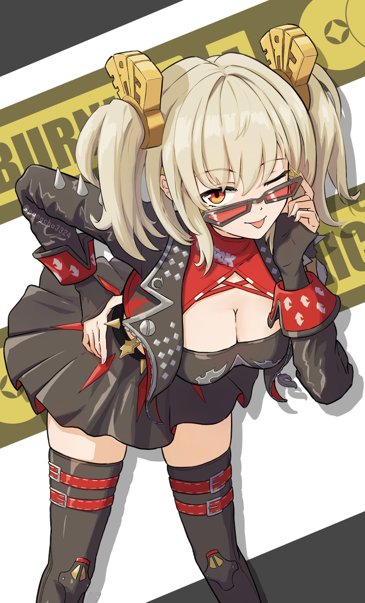 this is a digital art illustration depicting a cute anime girl with blonde hair and red eyes. she is wearing a red and black leather jacket and black skirt, and thigh highs. she is winking and smiling at the viewer, while wearing sunglasses. the background is a yellow and black striped pattern.