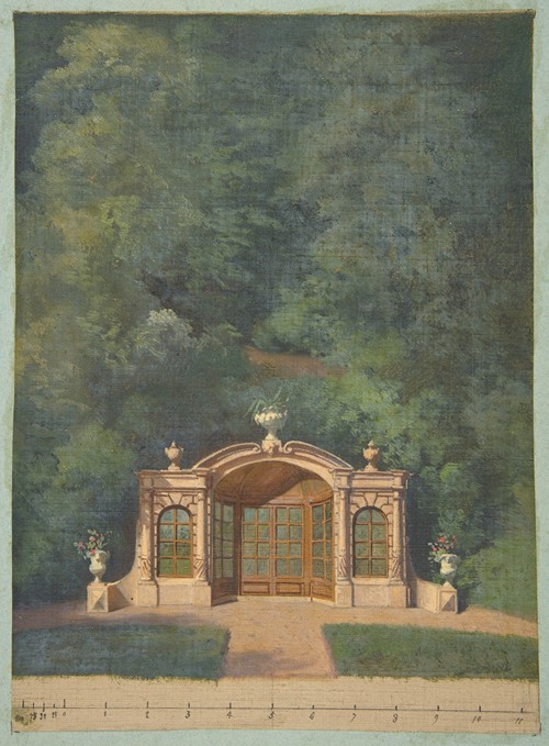 this is an architectural painting featuring a garden pavilion. the pavilion, designed with classical architectural elements, is positioned at the center of the image and partially screened by trees. the background is a dense forest. the ground is made of stone, with small shrubs on either side of the pavilion and some potted plants. a path is just barely visible through the foliage. there are numbers marked on the bottom edge of the painting.