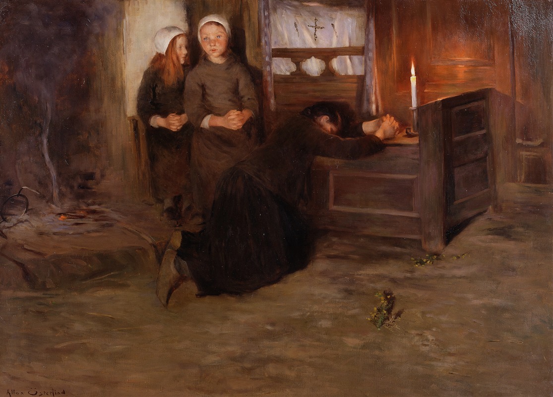 the painting depicts a woman kneeling in prayer at what appears to be a makeshift altar with a lit candle, while two young girls stand watchfully nearby. the scene is set in a dimly lit interior with a fire burning in the background. the atmosphere is solemn and suggests a moment of religious devotion or introspection.