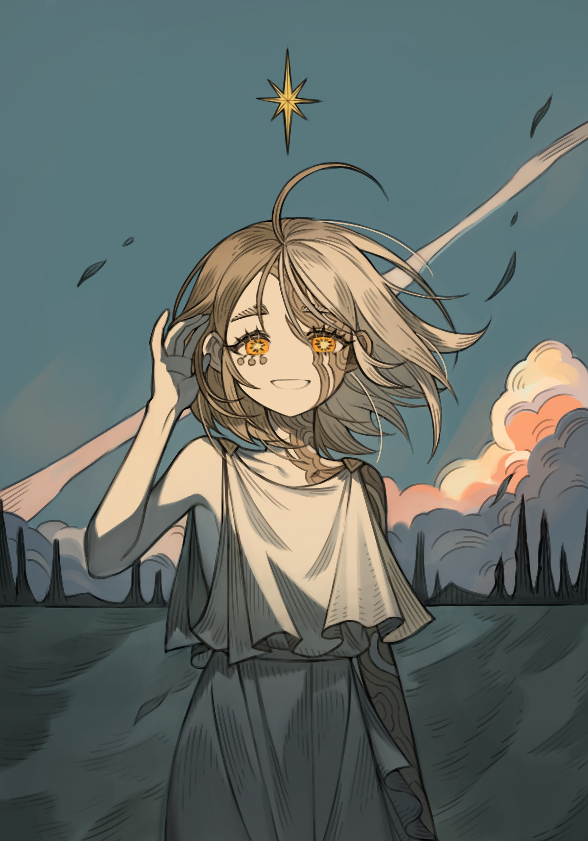 a young girl with flowing blonde hair and glowing gold eyes stands in a field, backlit by the warm light of a setting sun. a bright star shines above her head, and a celestial streak of light cuts through the sky behind her. she is smiling serenely, her hand raised as if acknowledging the star's presence. her clothing is simple and flowing, suggesting a connection to nature and a sense of ethereal beauty. the overall atmosphere is one of peace, hope, and a touch of magic.