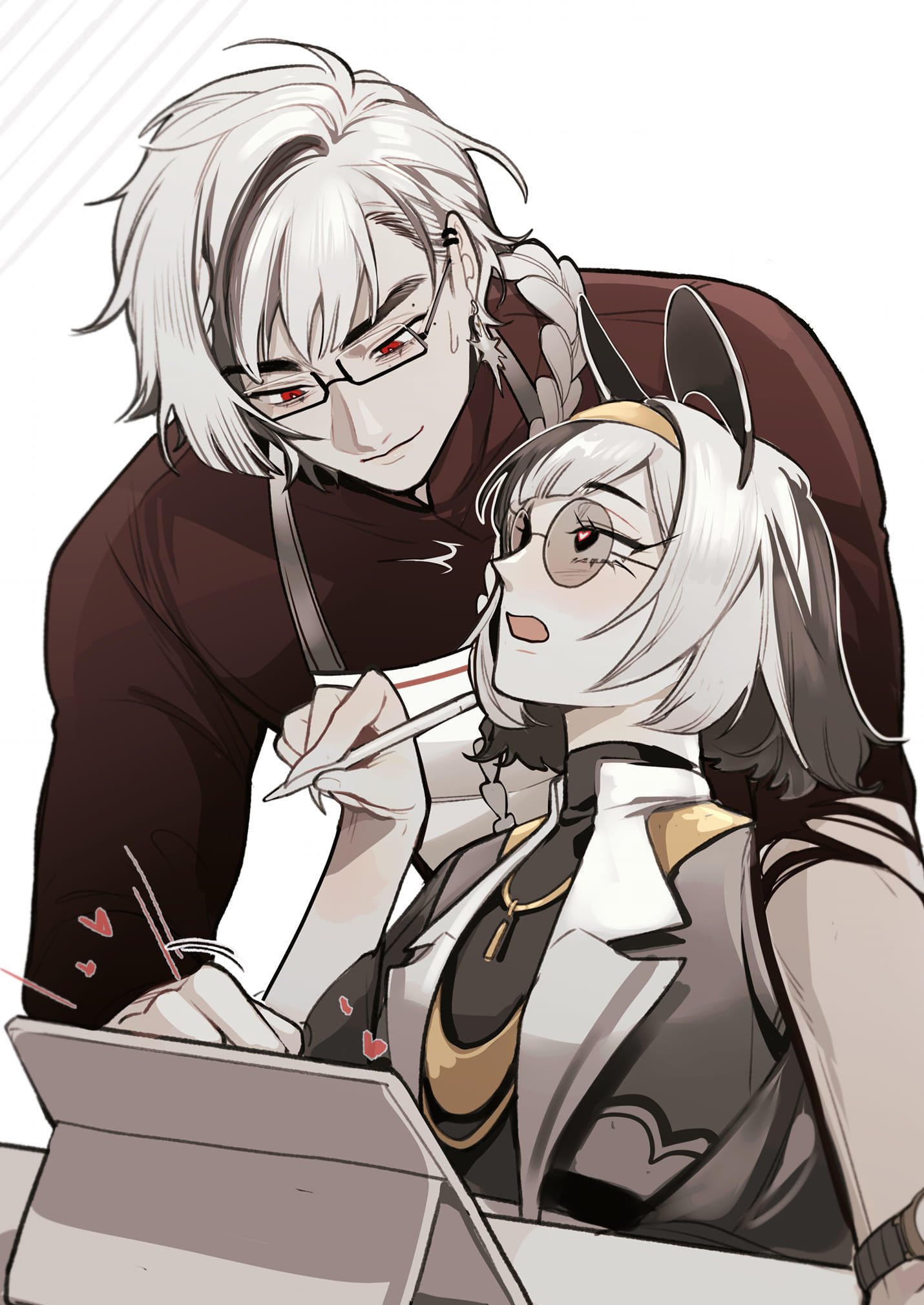 the image features two anime characters. the one on the left is a man with white hair and red eyes, wearing glasses and a dark red shirt. he is looking at the girl beside him with a smirk. the girl on the right is also wearing glasses, with black and white hair and a white shirt with a black vest. she is looking at the tablet in her hand, and there are heart shapes coming out of her tablet. the image is digital art, and it looks like the man is giving a gift or asking the girl to draw something. the couple seems to be in a romantic relationship, and their expressions convey a feeling of warmth and affection.