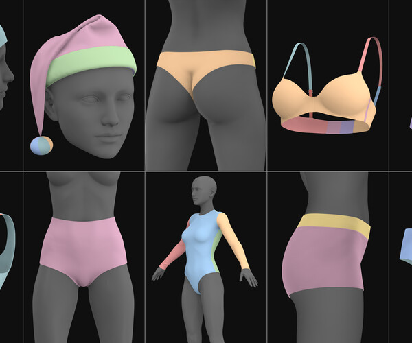 this image shows a 3d model of a female body wearing various clothing items, including a bra, pants, underwear, a swimsuit, a bikini, and a hat. each clothing item is rendered in different colors and styles, showcasing a variety of fashion designs. the 3d model provides a detailed representation of the body and the clothing, making it suitable for fashion design, visualization, and product presentations.