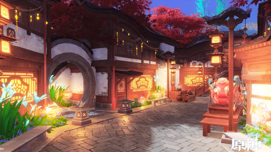 the image is a screenshot from the video game genshin impact, specifically depicting a liyue alleyway at night. the scene is highly detailed, showcasing traditional chinese architecture with warm, inviting lighting from numerous lanterns hanging along the alley.  the buildings are intricately designed with wooden structures, ornate windows, and red accents.  the alley is lined with plants and flowers, adding a natural touch to the otherwise urban setting.  red autumn leaves adorn the trees overhead, contributing to a serene and atmospheric ambiance. a unique, seemingly ceremonial object sits on a raised platform in the midground. the overall style is distinctly fantasyinspired with a blend of realistic and stylized elements. the image quality suggests it's a promotional still or a highquality capture from within the game.