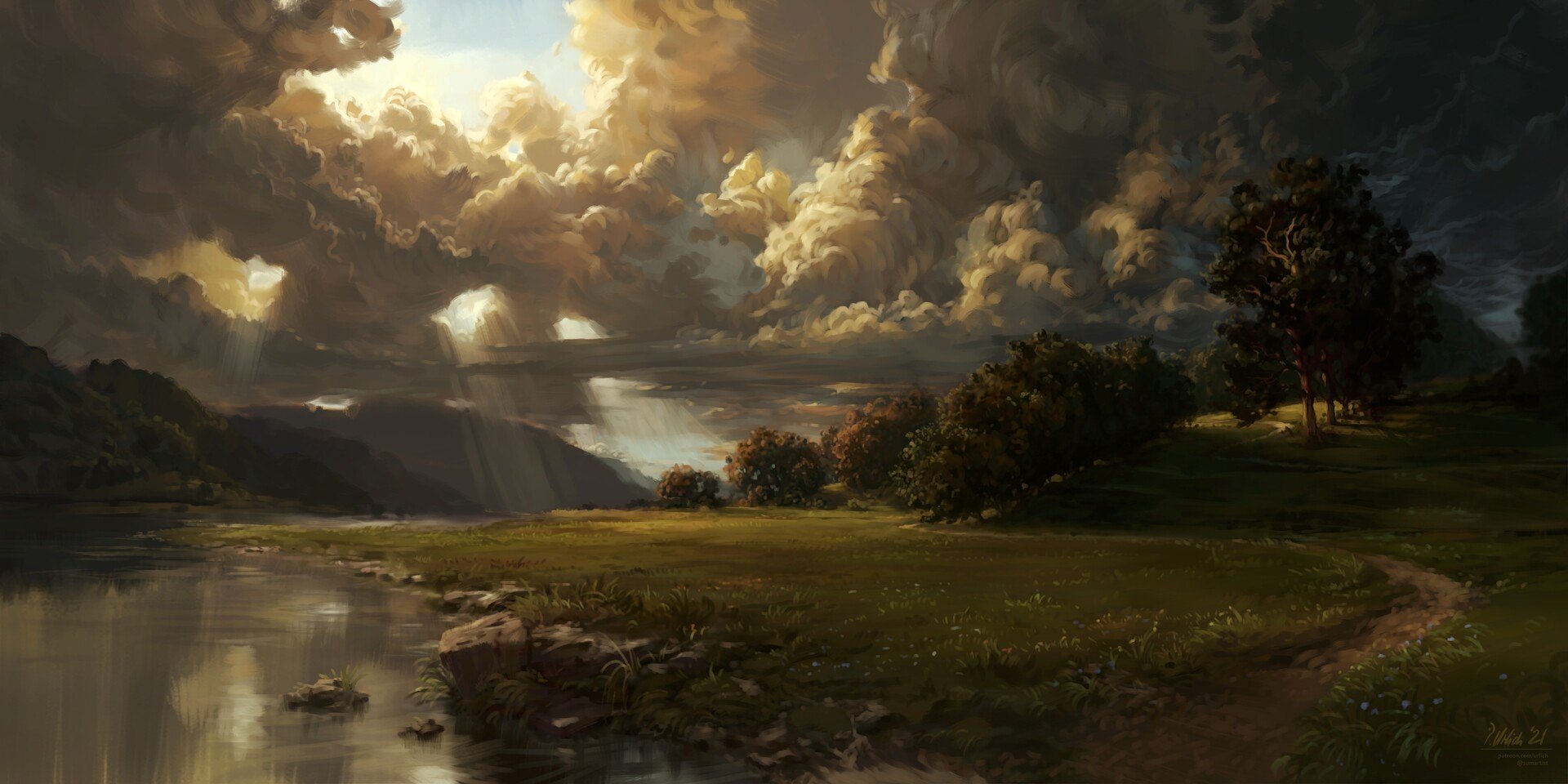 the image is a digital painting depicting a serene and dramatic landscape. the sky dominates the upper twothirds of the image, filled with large, dark and light clouds, through which rays of sunlight pierce. the lower third shows a calm river winding through a green field, flanked by dark green trees and hills in the background. a dirt path curves gently towards the centerright of the painting, leading toward a group of trees. the overall mood is peaceful and yet dramatic, created by the contrast between the light and shadow, the calmness of the water and the power in the sky. the color palette is rich with golds, browns, and greens, adding to the painting's overall beauty and depth. the style is reminiscent of classical landscape painting, but with the vibrant details and depth only possible with digital art.